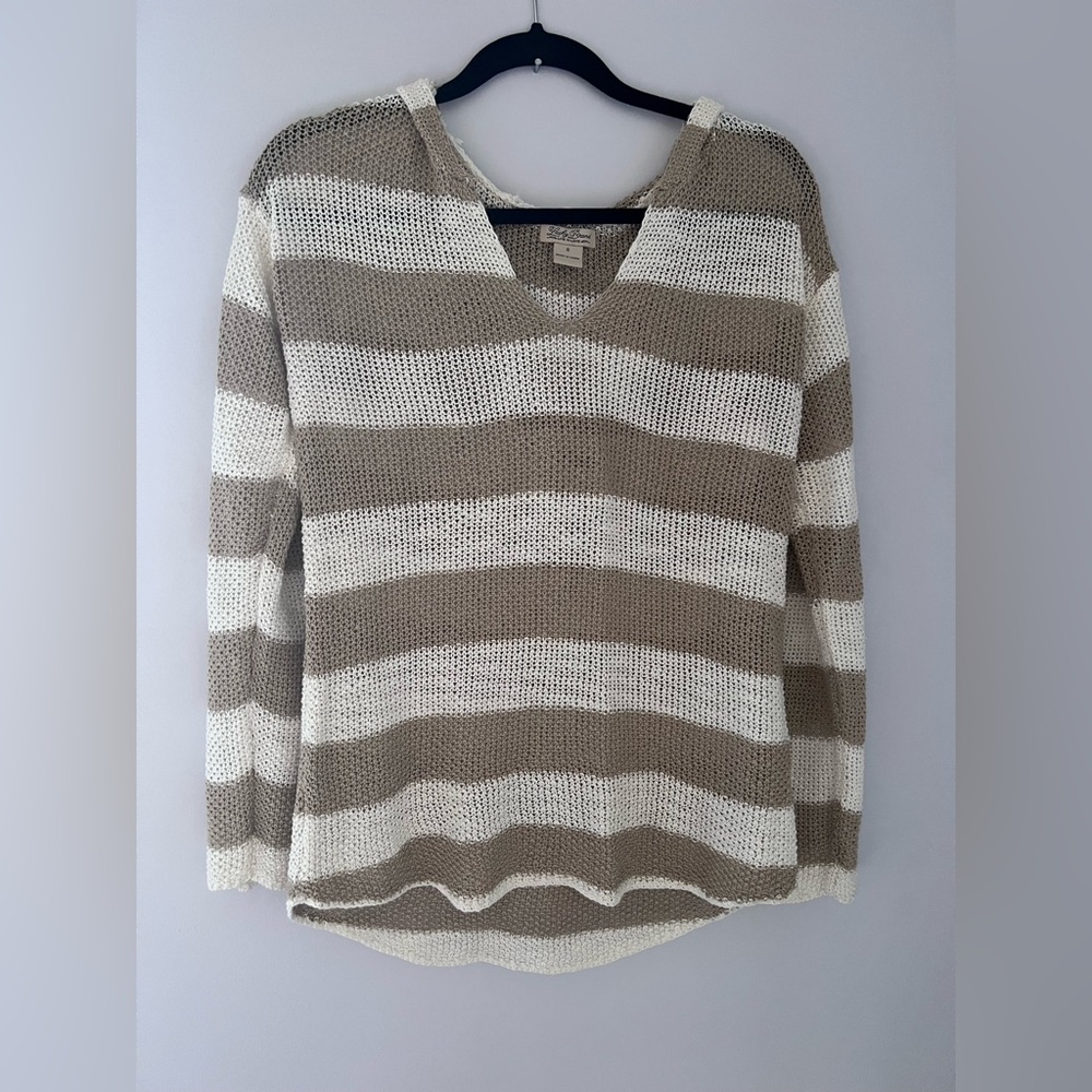 Lucky Brand Striped V-Neck Sweater in Cream and Tan